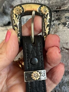 10K Gold/Sterling Silver Leather Western Belt Floral Design stamped/S vintage